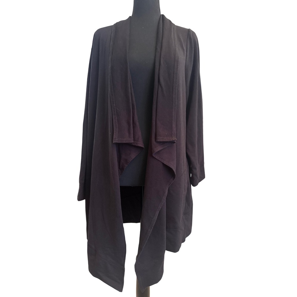 D&Co Active Womens 1X Black Open Front Waterfall Cardigan French Terry Pockets